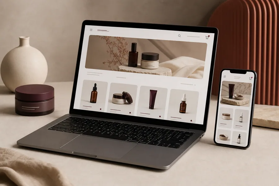 Exemplo visual de loja online em computador e telemóvel