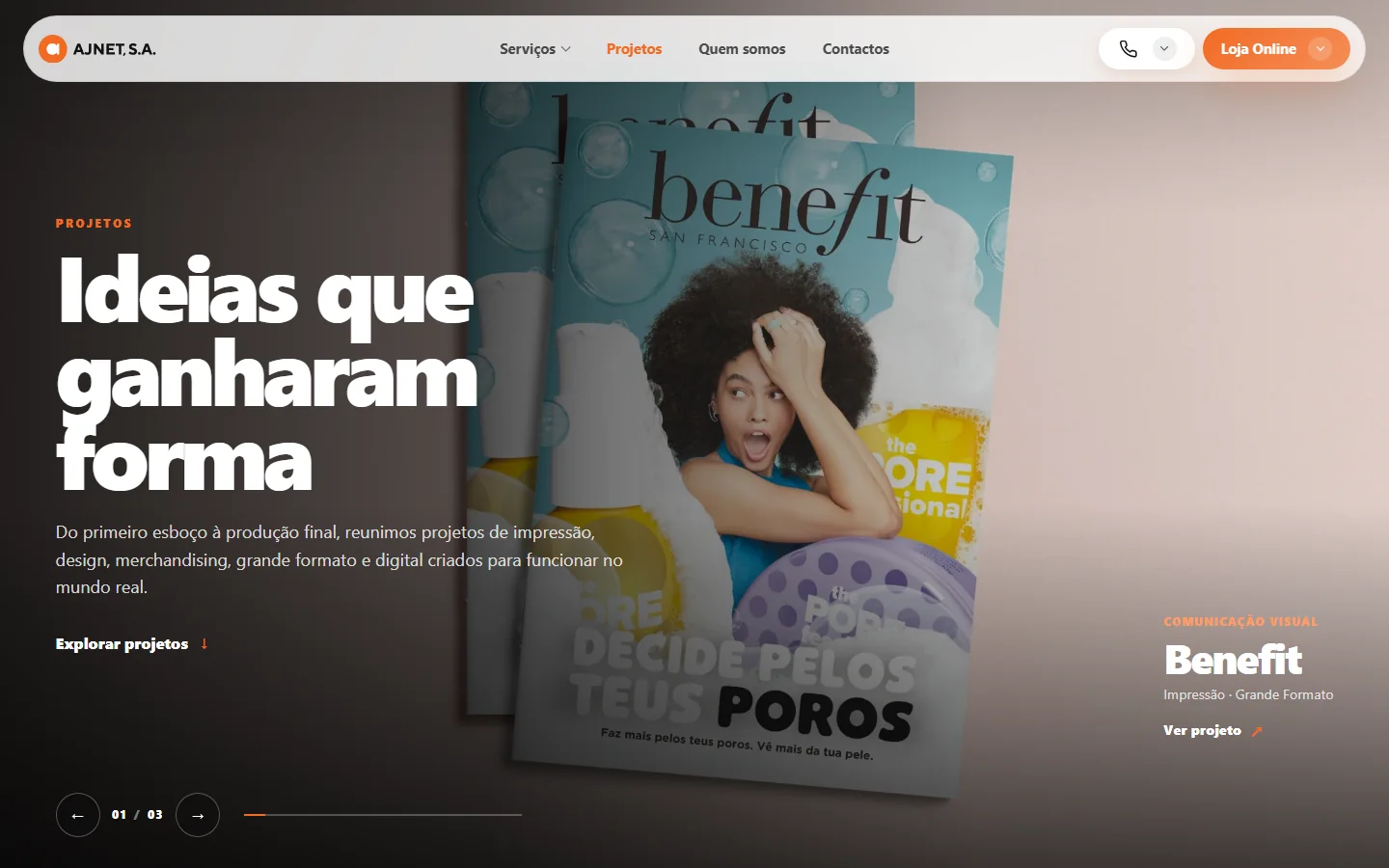 Página de projetos do website AJNET v2